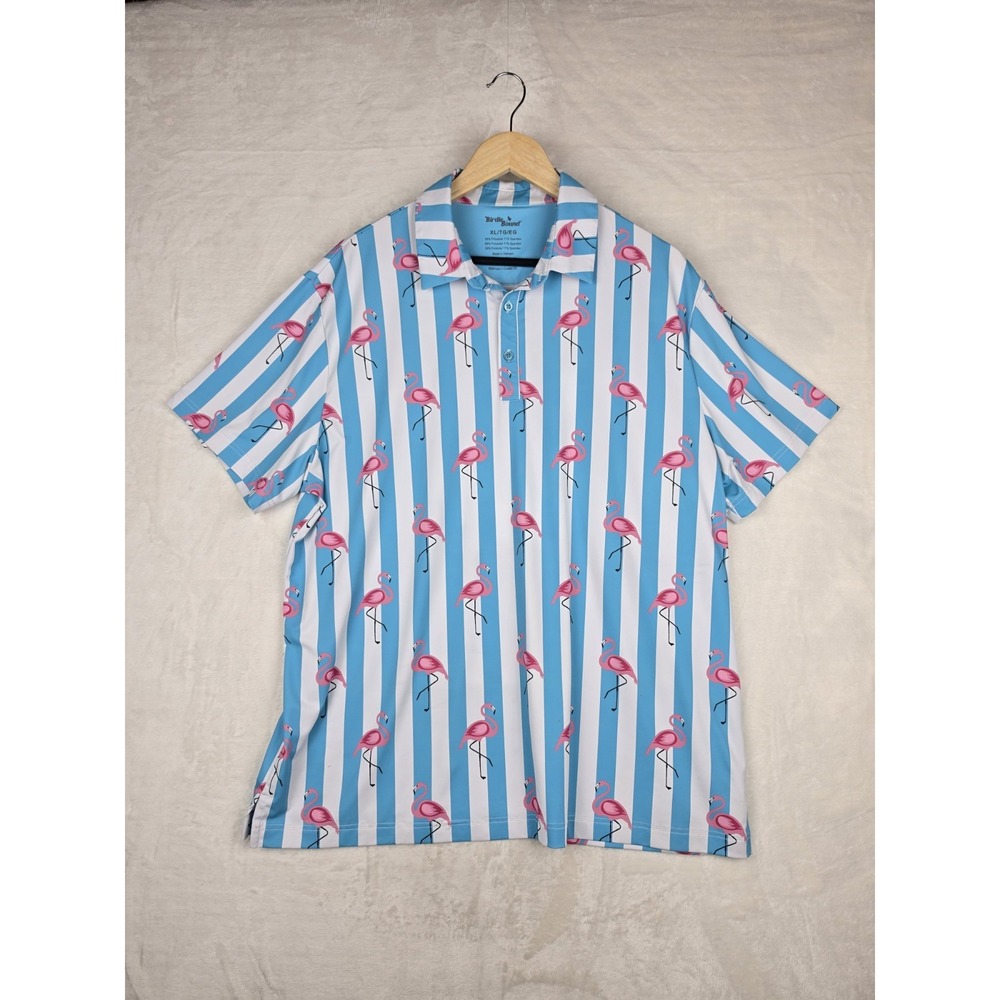 Birdie Bound Mens XL Polo Blue White Flamingo Print Golf Shirt